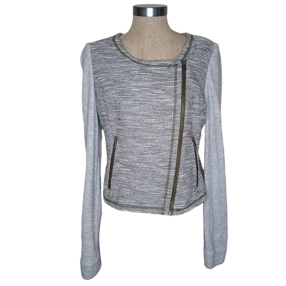 Hinge Designed In Seattle Tweed & Knit Moto Sweater Women  M Olive Green/White
